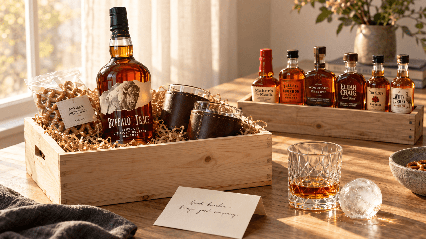 A bourbon gift basket being assembled with a bottle of Buffalo Trace, rocks glasses, and a handwritten note on a wooden table