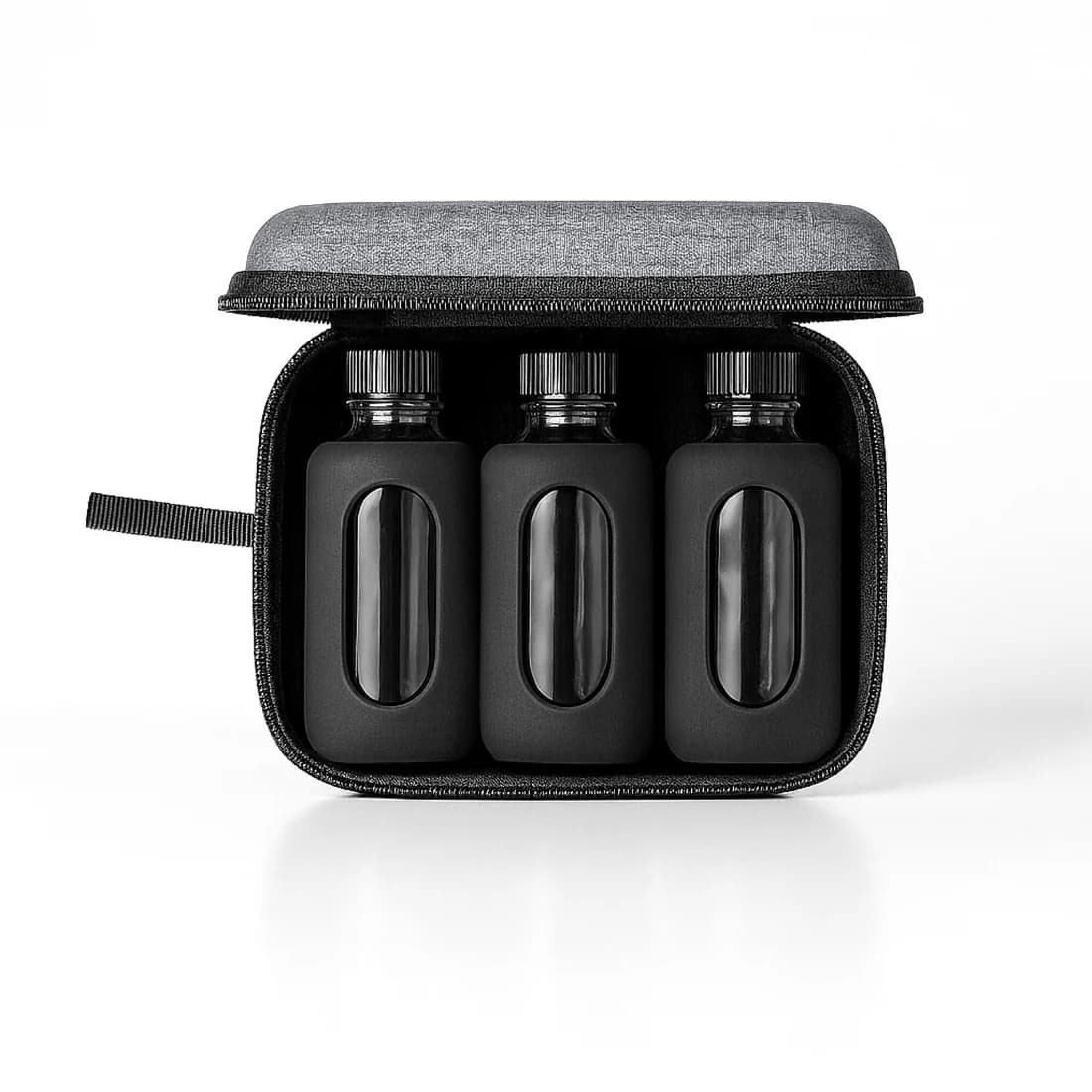 BYOS bottle flight travel set with three leak-proof bottles in a hard carrying case