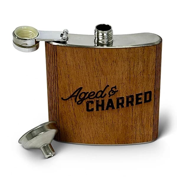 Aged & Charred 6oz wood flask with mahogany wood wrap and funnel